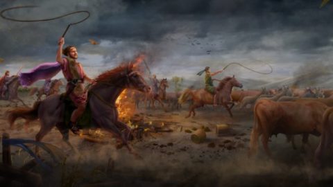 Satanás tenta Jó pela primeira vez (seu gado é roubado e a calamidade sobrevém a seus filhos)